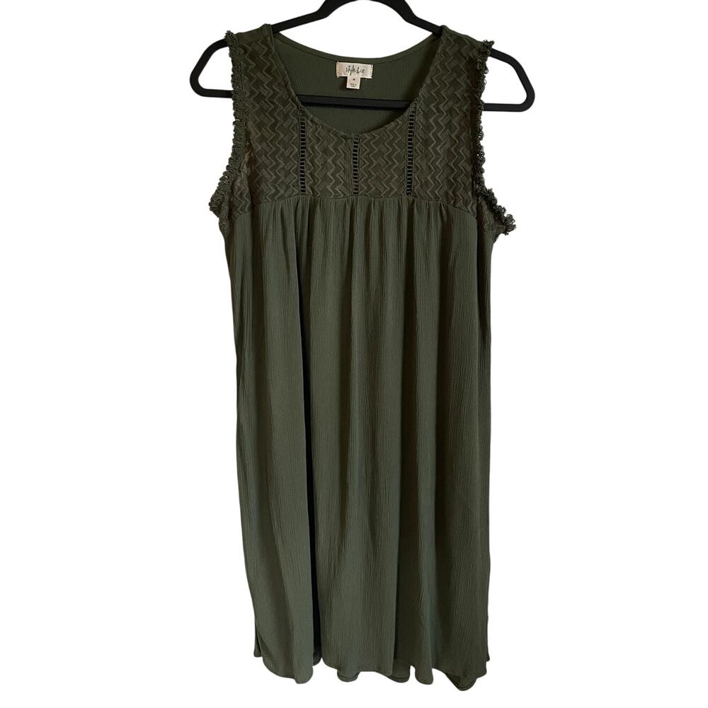 Style & Co. Olive Sleeveless Hi Low Dress Size M Lined Fringe Crochet Lace Boho